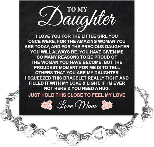 To My Daughter Bracelet, Silver Heart Chain Bracelet with Shiny Stones, Perfect Birthday or Graduation Christmas Gift for Daughter with Message Card Gift Box
