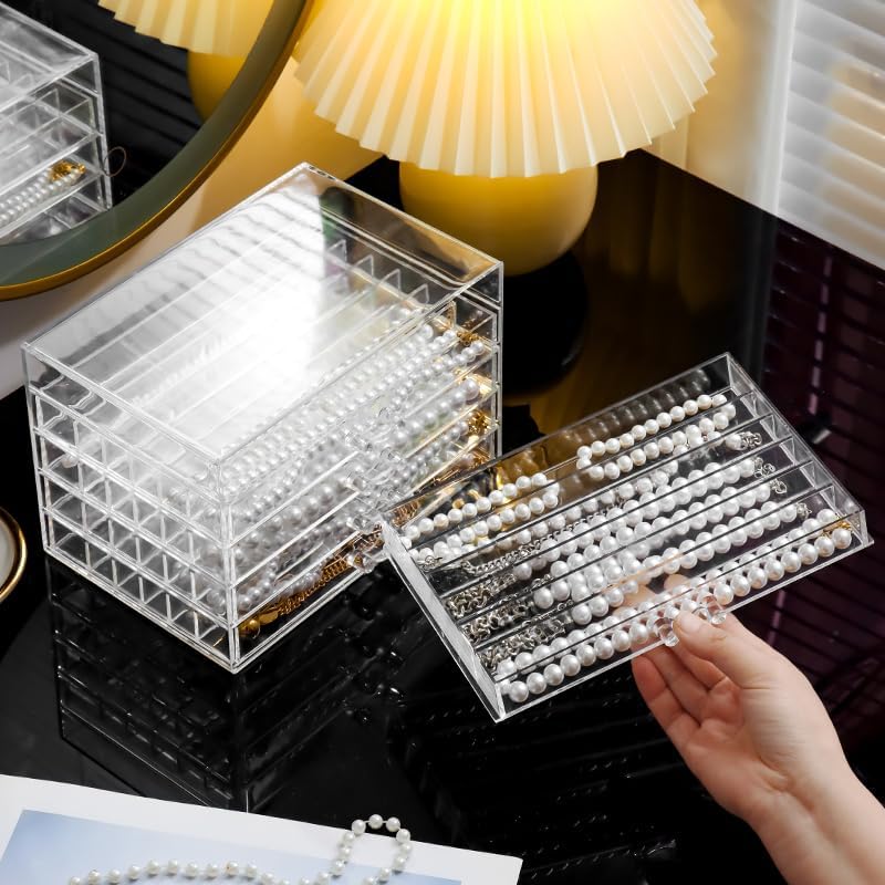 CLUQMEIK Necklace Box Tray with 5 Clear Drawers, Dustproof Necklaces Holder Storage Display Case, Necklace Tray Drawer for Pendant Suitable for Women and Girls (Transparent) - color: Clear-5layer