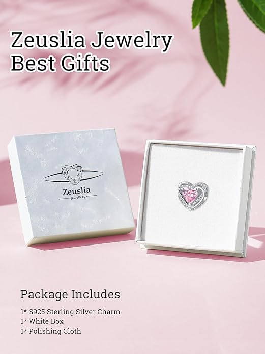 Heart Birthstone Charms for Bracelets, 925 Sterling Silver Women Bead Charms for Charm Bracelets Necklace, Mother's Day Birthday Anniversary Jewelry Gifts for Wife Mom Grandma Daughter