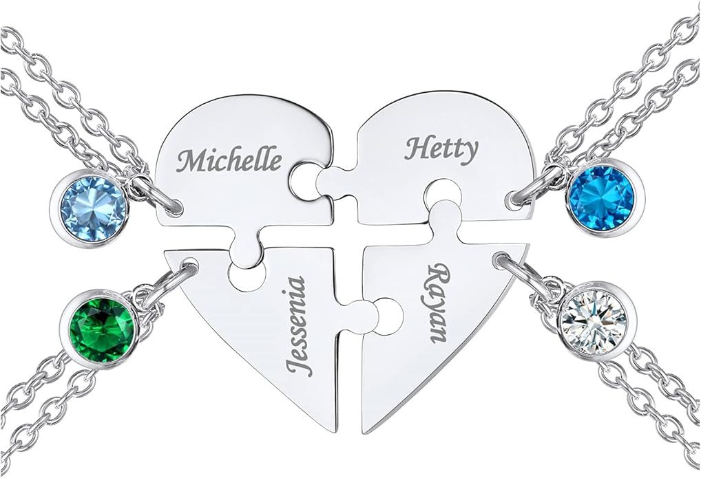 FindChic Personalized Matching BFF Necklace for 2/3/4/5/6 Puzzle Name Heart Pendant Stainless Steel Couple Necklace Set Customized Necklaces for Teen Girls