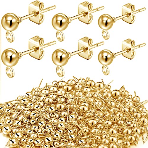 180 Pieces Ball Post Earring Stud with 200 Pieces Butterfly Back Earrings with Loop for DIY Jewelry Making Findings, 4 mm 5 mm 6 mm(Gold) - color: Gold