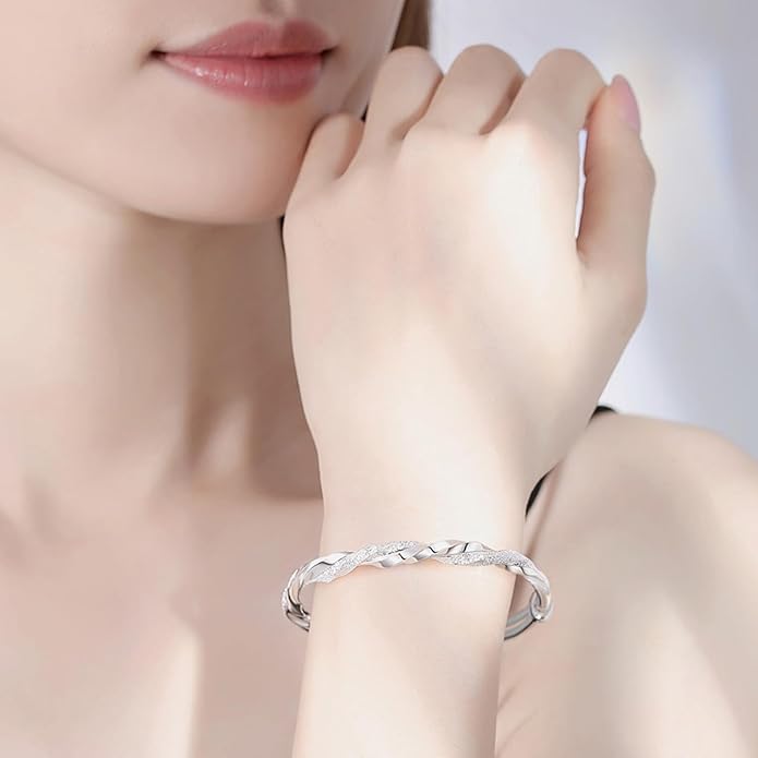 Solid 925 Sterling Silver Bracelets for Women Simple Adjustable Bangle Bracelet