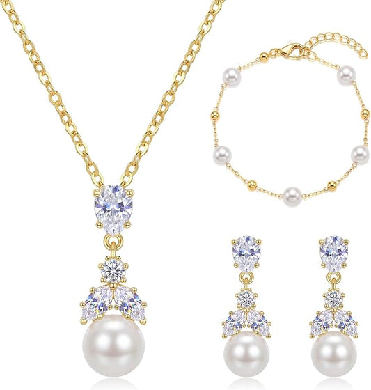 Hadskiss Wedding Jewelry Sets for Women/Brides/Bridesmaids, Cubic Zirconia Pearl Necklace Earrings Bracelet Set 18K Gold Plated Hypoallergenic Jewelry for Wedding Prom Party