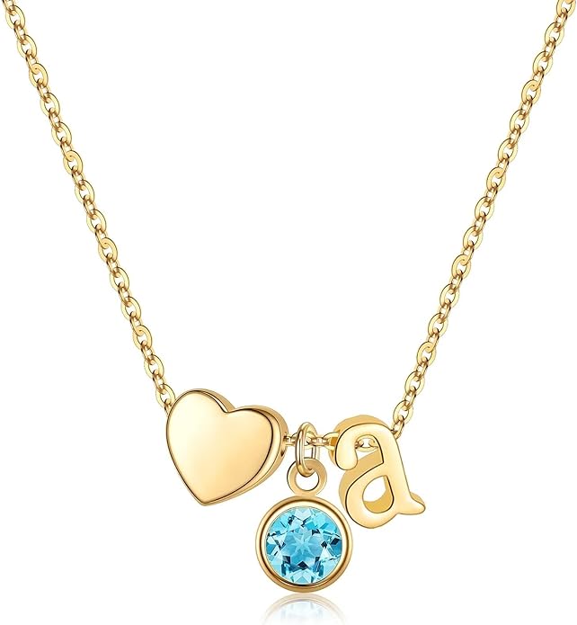 Ursilver Initial Birthstone Necklace for Women - Heart Initial Birthstone Pendant Necklace Personalized Gifts Birthday Gifts for Women