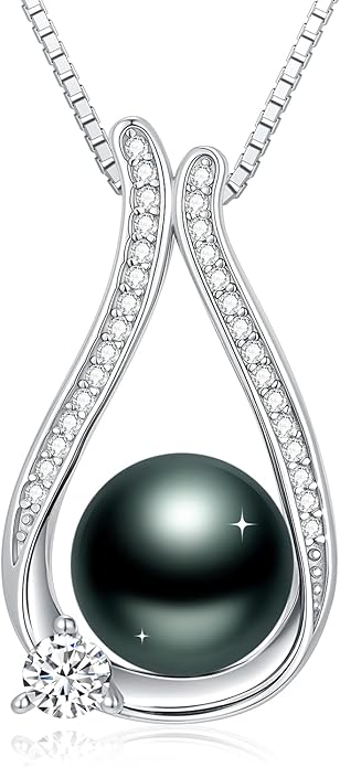 Tahitian Black Pearl 18K White Gold Plated Sterling Silver Heart/Infinity/Four Leaf Clover Pendant Necklace Jewelry Gifts for Women Wife Mom Girlfriend Wedding Birthday Anniversary Christmas