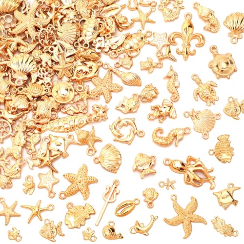 MARFOREVER 120 PCS Summer Beach Charms for Jewelry Making, Assorted KC Gold Ocean Life Sea Animal Charm Pendants Starfish Seashell Conch Charms for DIY Bracelet Necklace Earrings Making Crafting - style: Gold Sea