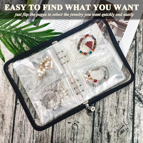 Bracelet Holder Travel Jewelry Organizer Case Transparent Jewelry Storage Book for Earring Necklace Ring with Small Clear Zippered Pouch - color: Black,48 PCS Large Bags