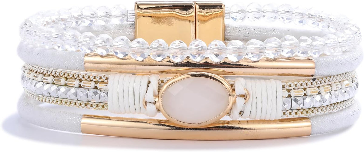 FANCY SHINY Leather Wrap Bracelets Crystal Beads Bracelet Boho Cuff Stone Charm Bracelets with Clasp Costume Jewelry for Women