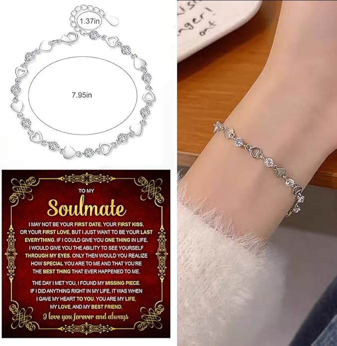 To My Soulmate Bracelet for Women, Heart Chain Bracelet with Shiny Stones, Perfect Birthday or Anniversary Christmas Gift for Soulmate with Message Card and Gift Box