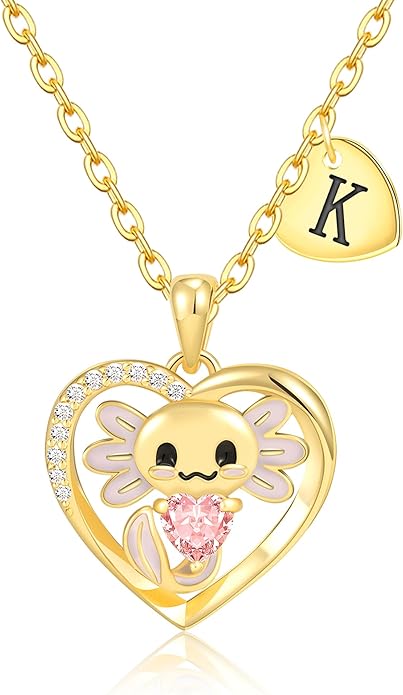 C-leen Axolotl Valentines Day Gifts for Her, 14K Gold Plated Axolotl Initial Necklace Cute Heart Initial Pendant Necklaces Birthday Valentines Day Gifts for Kids Girls Women