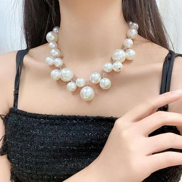 Chunky Pearls Statement Choker Necklace for Women,14K Gold Large Beaded Punk Ball Cluster Collar Necklace Party Dainty Jewelry Gift