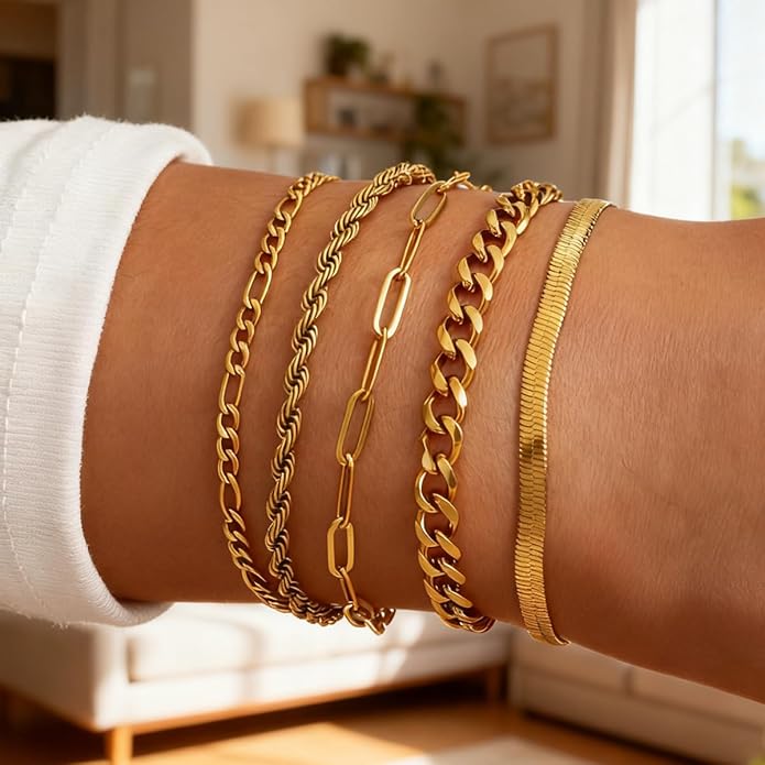 18K Gold Plated Bracelet Sets for Women Waterproof - Trendy Thin Dainty Stackable Cuban Link Paperclip Snake Twisted Chain Fashion Jewelry Accessories Gifts for Women