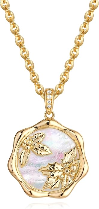 MTMY Birth Flower Necklace 14K Gold Plated Mother of Pearl Disc Birth Month Flower Pendant Necklaces for Women Personalized Custom Floral Jewelry Birthday Gift