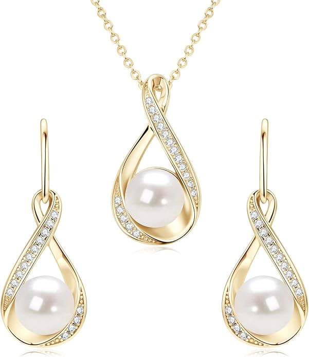 Sterling Silver Pearl Jewelry Set with Shiny Moissanite, Real Freshwater Pearl Earrings Necklace for Women, Wedding Jewelry for Brides Bridesmaid, Mother's Day