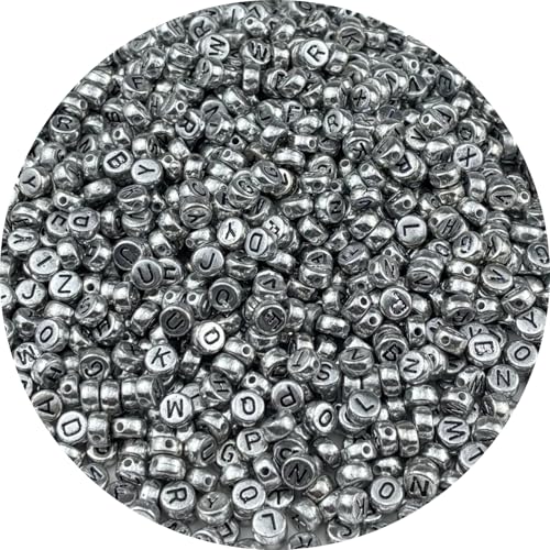 1000pcs Round Letter Beads 4x7mm Acrylic Alphabet Beads Spacer Beads for Jewelry Making Bracelets Necklace Earring Key Chains DIY Craft(N-Black Letter Antique Silver Bead) - color: N-Black Letter Antique Silver Bead