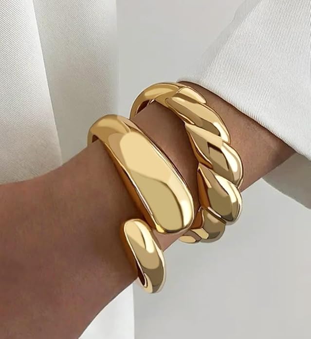 Chunky Gold Bangle Bracelets for Women, Dainty 14k Gold Plated Big Stackable Bangles Set, Trendy Statement Cuff Bracelet Stack Fashion Jewelry Christmas Gifts
