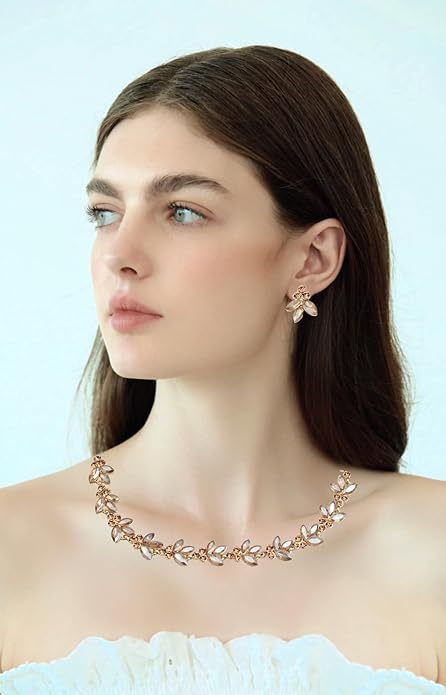 Bridal Wedding Crystal Leaf Choker Necklace Dangle Earring Bracelet Brides Bridesmaid Jewelry Set for Women