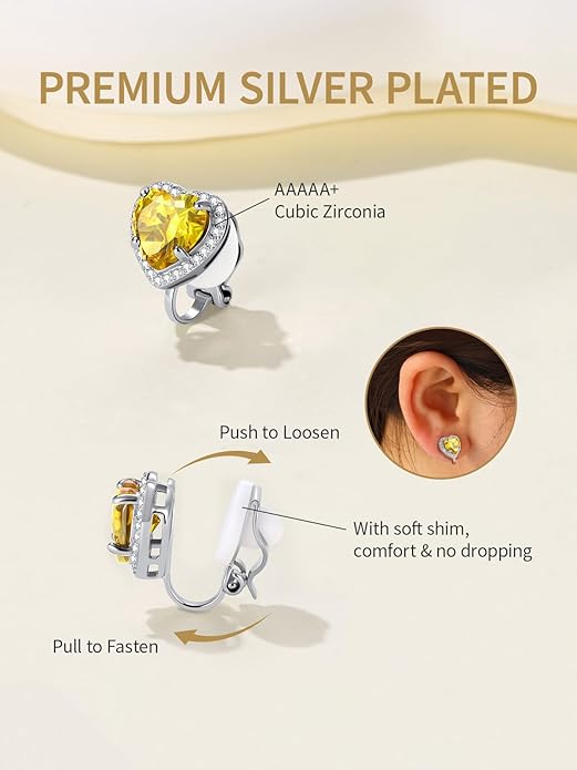 FindChic Sparkling Birthstone Clip On Earrings for Women, Silver Plated Stud Earrings 8MM Cubic Zirconia Non Pierced Studs, 12 Months Birthday Jewelry Gift