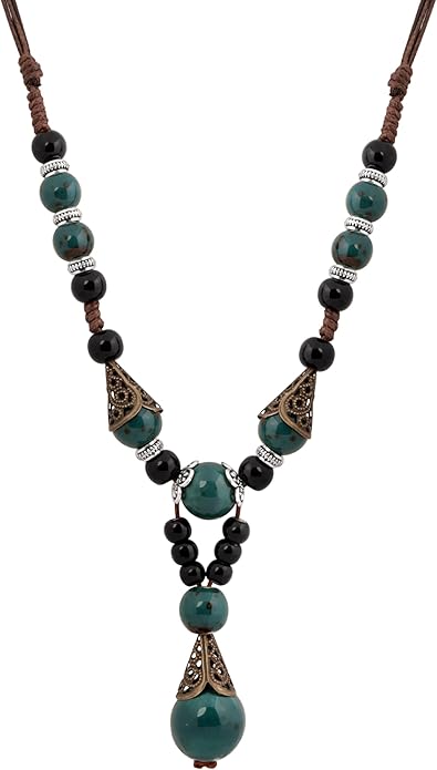 MINACHI Vintage Bohemian Ethnic Colorful Ceramic Bead Long Y Necklace, Hippie Boho Summer Fashion Jewelry Gift for Women
