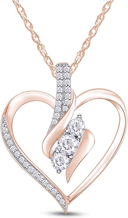 3 Stone Heart Pendant Necklace for Women in 14K Gold Over 925 Sterling Silver, Natural Diamond, Moissanite or Lab-Grown Diamond (0.25 Ct), Dainty Jewelry Gift with 18" Chain for Her Valentine’s Day