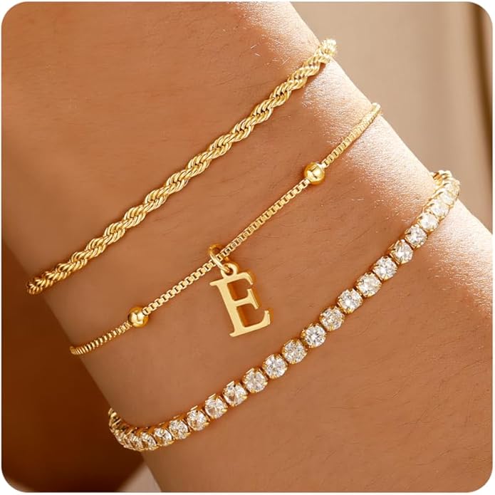 Valentines Day Gifts for Her Kids - Dainty Gold Bracelets for Women Personalized Gold/Silver Initial Bracelet Stack Stackable Rope Box Chain Tennis Bracelets for Girls Jewelry Set