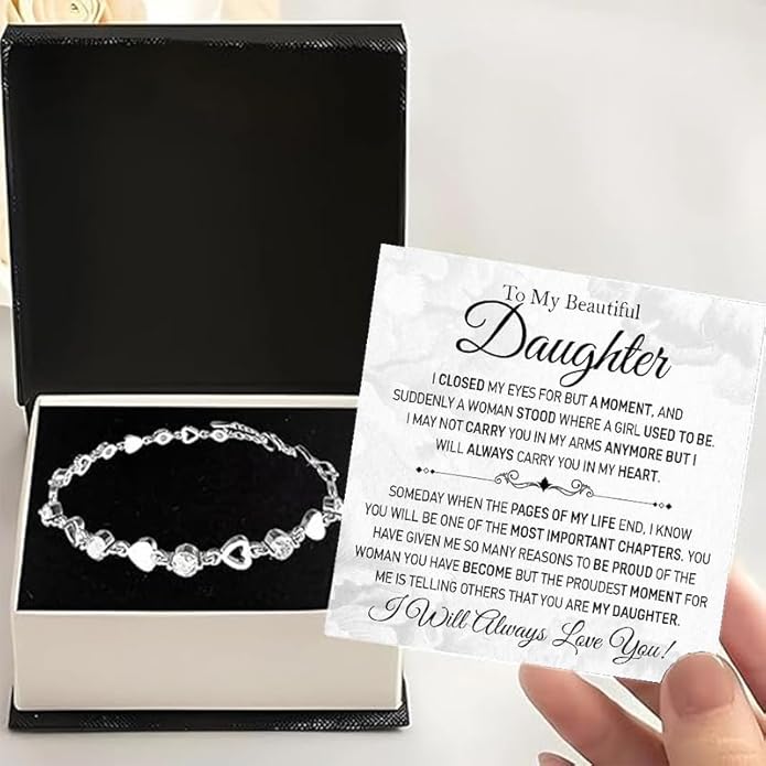 To My Daughter Bracelet, Silver Heart Chain Bracelet with Shiny Stones, Perfect Birthday or Graduation Christmas Gift for Daughter with Message Card Gift Box