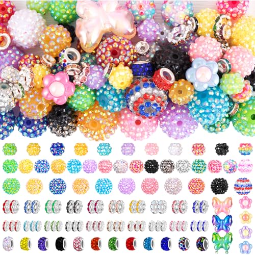 202 PCS HUISUYTON Rhinestone Beads for Jewelry Making, Included 70 Pcs Rhinestone Bead and 132 Pcs Spacer Bead, Sparkly Crystal Clay Beads for Bracelet Baseball Necklace Earring Crafting - color: 202 PCS Rhinestone Beads Mixed Set