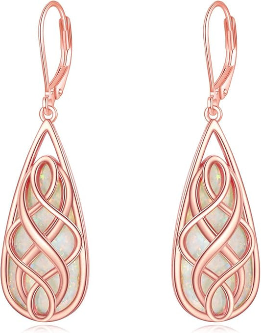 VONALA White Opal Celtic Knot Dangle Drop Earrings for Women 925 Sterling Silver Boho Chic Jewelry Gift for Women