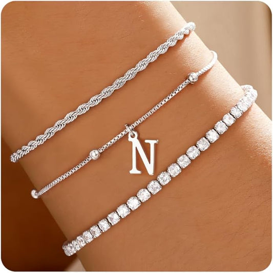 Valentines Day Gifts for Her Kids - Dainty Gold Bracelets for Women Personalized Gold/Silver Initial Bracelet Stack Stackable Rope Box Chain Tennis Bracelets for Girls Jewelry Set