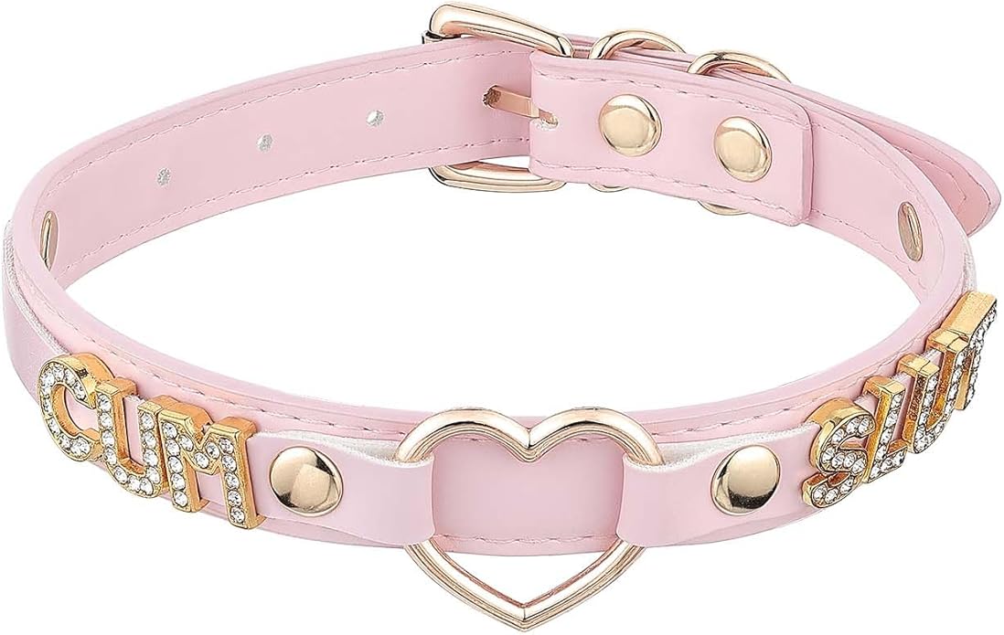 Handmade Gold Heart O-Ring Letter Choker Necklace for Women, Adjustable PU Leather Black/Pink Choker Collar For Women, Goth Choker Collars Necklace