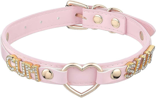 Handmade Gold Heart O-Ring Letter Choker Necklace for Women, Adjustable PU Leather Black/Pink Choker Collar For Women, Goth Choker Collars Necklace