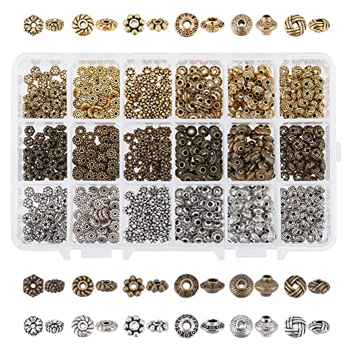 PH PandaHall 900pcs Metal Spacer Beads, 6 Style Tibetan Gear Bicone Flower Beads Alloy Jewelry Loose Beads for Bracelet Necklace Earring Jewelry Making(Antique Silver, Antique Bronze and Golden)