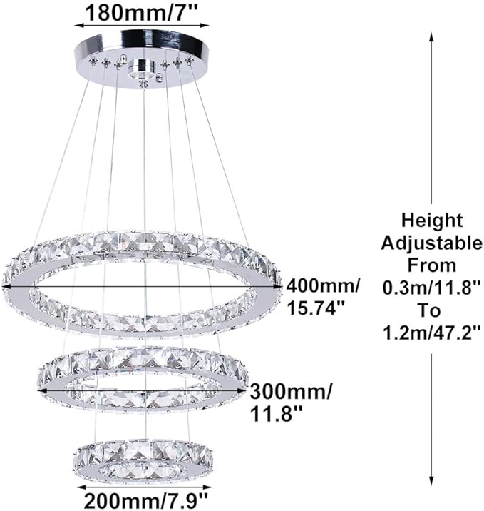 LED Chandeliers Modern Crystal 3 Rings Ceiling Lighting Fixture Adjustable Stainless Steel Pendant Light for Bedroom Living Room Dining Room(Warm White)