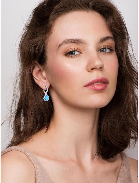 Women 925 Sterling Silver Birthstone Teardrop Huggie 14mm Hoop Drop Dangle Earrings 5A Cubic Zirconia Jewelry