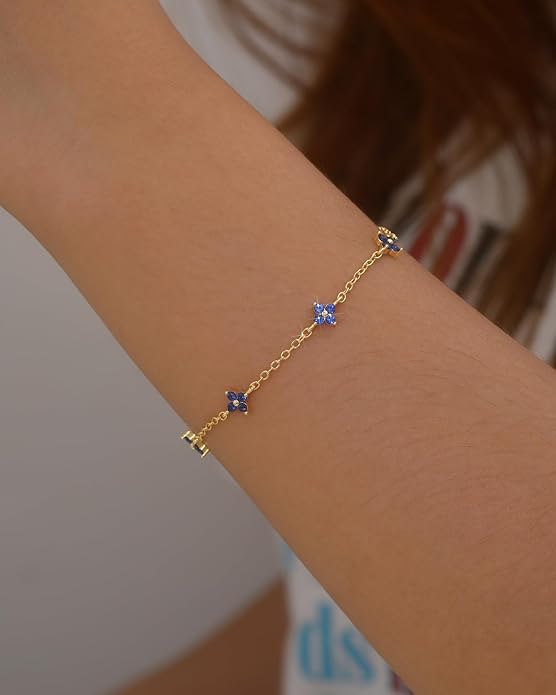 JSJOY Birthstone Bracelets for Women, 14K Gold Bracelets for Women Mom Gifts Birthday Valentines Day Gifts for Gf Dainty Flower Gift for Her Birthstone Bracelet Mothers Day Gift