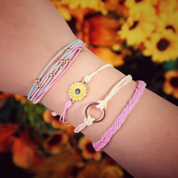 FANCY SHINY Sunflower String Bracelet Boho Braided Rope Wrap Bracelets Cute Summer Beach Surfer Jewelry for Women