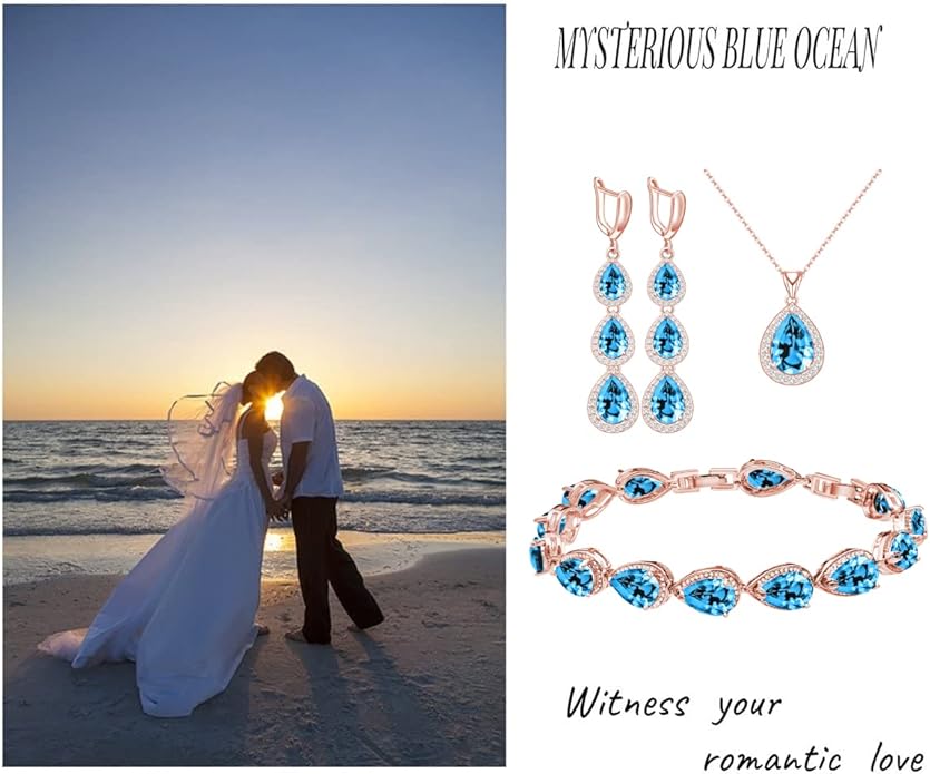 LMXXVJ Necklace Long Earrings Bracelet Set, White Gold Plated Created Blue Sapphire Jewelry Set Wedding Party Gift Jewelry for Women Bridal Bridesmaid
