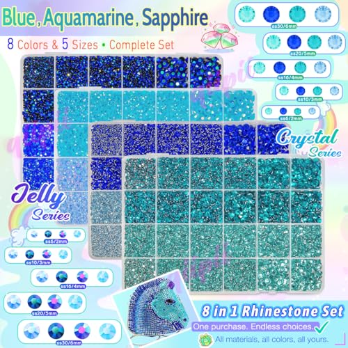 qiipii 8 Color 2-6mm Blue Jelly Resin Rhinestones w B7000 Jewelry Glue for Bedazzling Crafting Flatback Stones Gems Diamonds for Nails Face Eyes Makeup Tumblers Bottles DIY Crafts Clothes Shoes Phones - color: Light / Dark / Peacock Blue Series Rhinestone