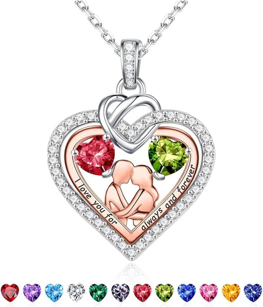 Iefil Valentines Day Gifts for Her - 925 Sterling Silver Double Heart Birthstone Necklace for Women, Anniversary Birthday Gifts for Wife I Love You Gift Couple Sitting Hugging Each Other Jewelry Gift