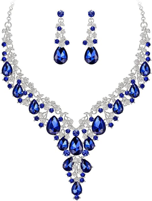 Bridal Bridesmaid Austrian Crystal Jewelry Set, Floarl rhinestone Statement Neckace Teardrop Necklace Drop Dangle Earrings Set
