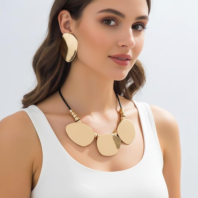 Chunky Gold Statement Necklace Earring Set for Women Minimalist Irregular Round Earrings Vintage Leather Big Golden Geometric Oval Choker Necklaces Trendy Party Jewelry Set for Women