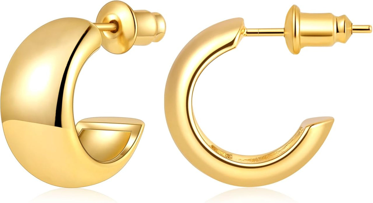 Gamicy Small 14K Gold Plated Hoop Earrings for Women with 925 Stering Silver Post, 14K Real Gold Plated Chunky Lightweight Hoops Earrings