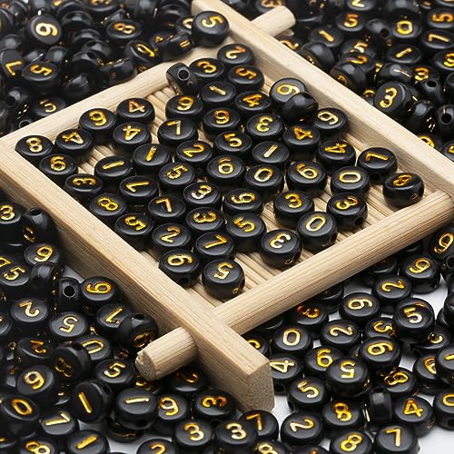 1000pcs Acrylic Number Beads 0-9 Round 4x7mm Mixed for Jewelry Making and DIY Bracelets, Necklaces, Key Chains (Black Gold) - color: Black Gold