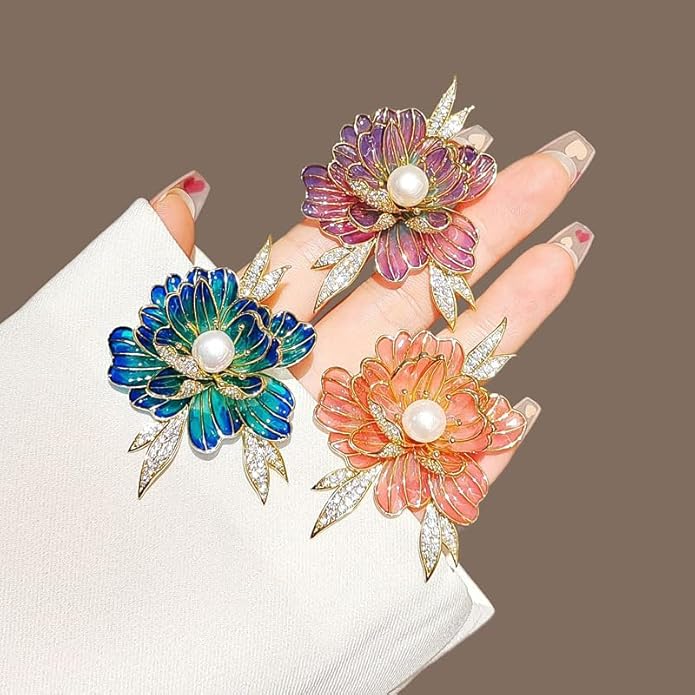 3Pcs Peony Flower Brooch Pin for Women Elegant Enamel Floral Brooch Set Dainty Cubic Zircon Pearl Lapel Pins Flower Pins for Clothes Hat Dress Accessories Prom Jewelry