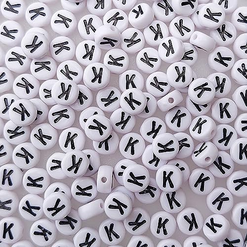200+ Pieces 4x7mm Single K Letter Beads for Jewelry Making, White Round Acrylic Bulk Alphabet (Black on White) - size: Single letter K 200+ Pcs