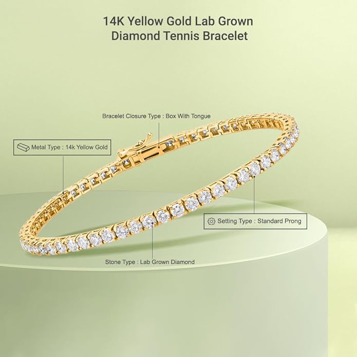 5 Carat - 10 Carat Lab Grown Diamond Tennis Bracelet | 14K Yellow Gold Four prong Link Tennis Bracelet Size 6.5 To 8 inch | D-E color and VS1 clarity