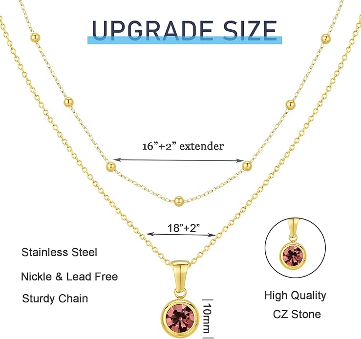 14K Gold-Plated Women's Double-Layer Birthstone Necklace Delicate Round Birthstone Pendant with a Simple Necklace, a Birthday Gift for Women Teenage Girls
