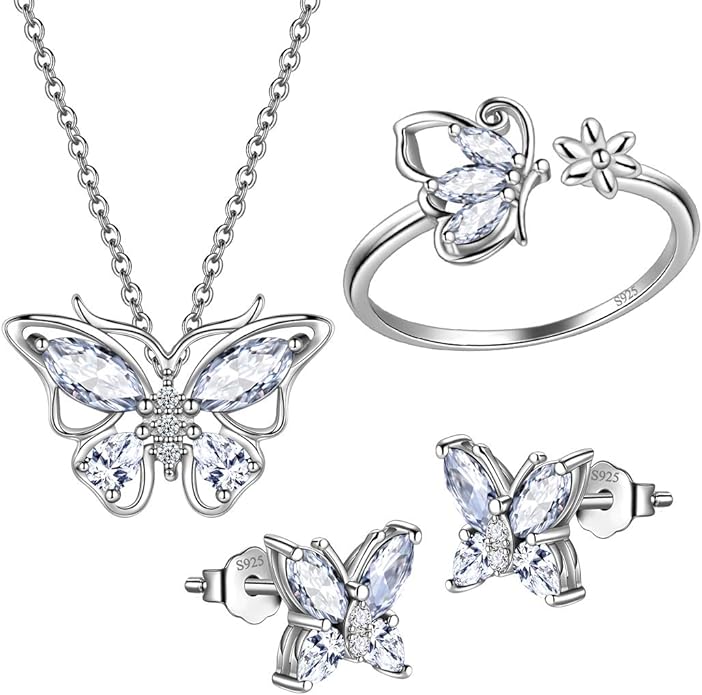 925 Sterling Silver Birthstone Butterfly Jewelry Women Crystal Animal Cute Butterflies Birthday Necklace/Earring/Ring/Bracelet Sets Birth Stone Statement Anniversary Jewellery