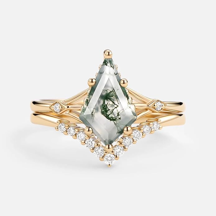 Natural Moss Agate Bridal Ring Set for Women 1CT Kite-cut Moss Agate Engagement Ring Set 925 Sterling Silver 10K 14K 18K Gold Classic Wedding Ring Set