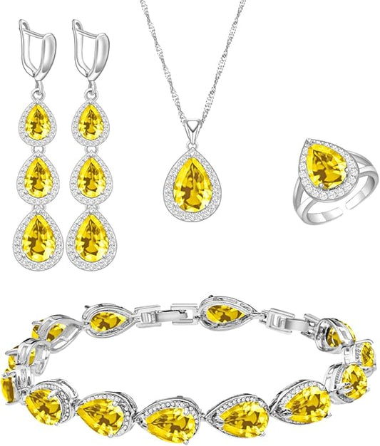LMXXVJ Necklace Long Earrings Bracelet Set, White Gold Plated Created Blue Sapphire Jewelry Set Wedding Party Gift Jewelry for Women Bridal Bridesmaid
